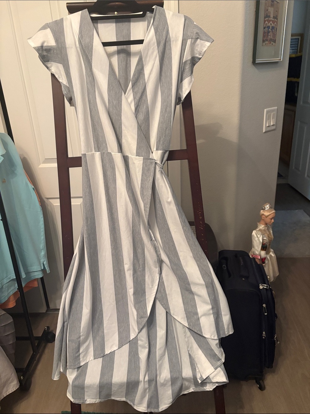 Striped Wrap Midi Dress in Light Gray and White